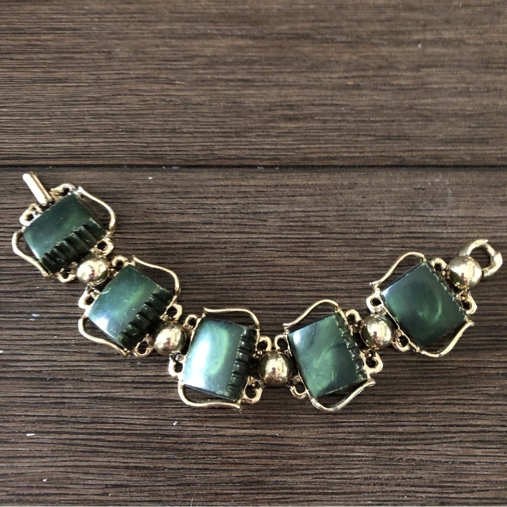 Vintage Mid-Century Gold Metal And Green Stone Br… - image 1